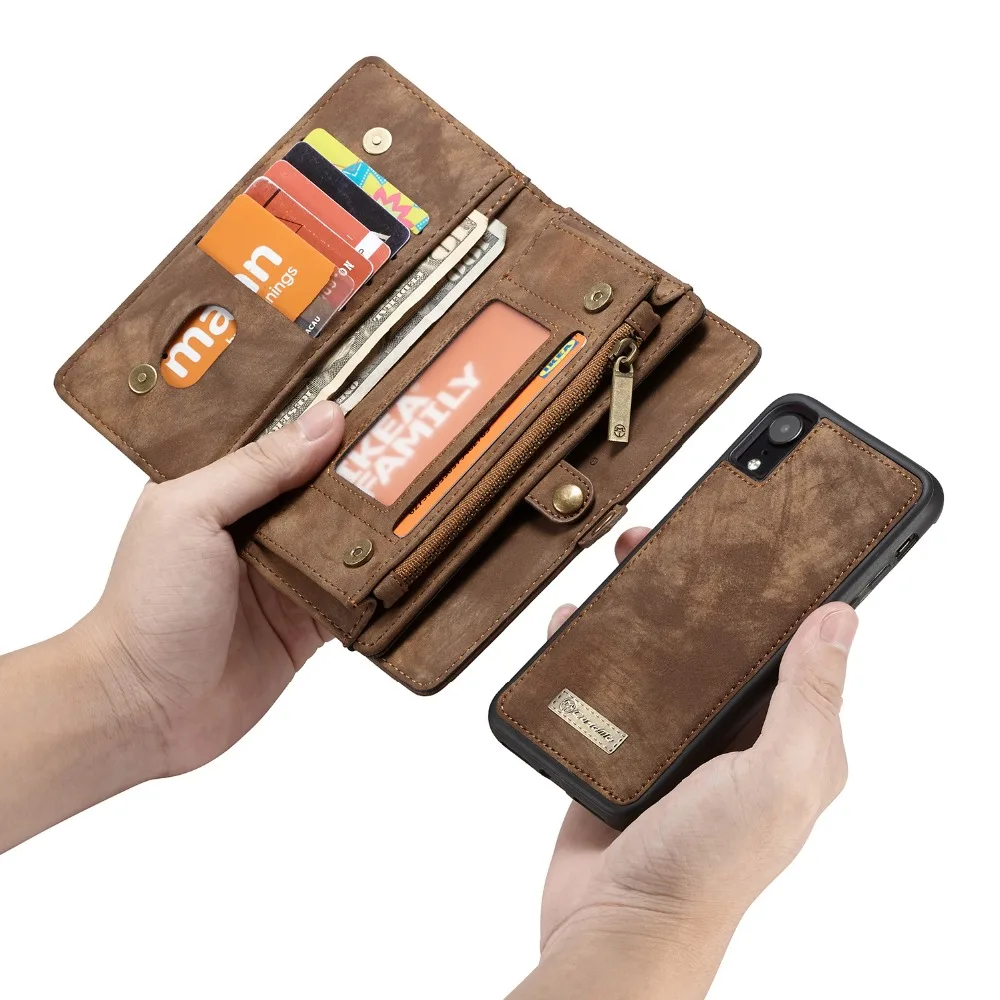 

For iPhone XR Case 2 IN 1 Detachable Zipper Wallet Folio Magnetic Cover Genuine Leather Cases for iPhone XR 6.1 inch iPhone XS 7