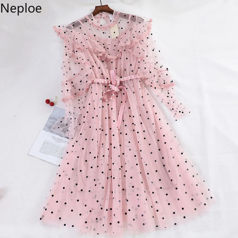 

Neploe Spring Sweet Girl Dress Slim Waist Vestido+ Camis 2 Piece 2019 Dot Ruffles Patckwork O-Neck Long Sleeve Mesh Jupe 43036