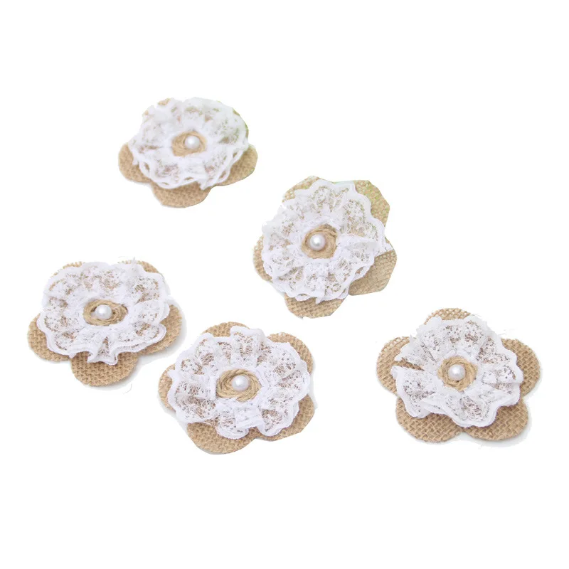 

10pcs/lot Natural Jute Burlap Hessian Flower With Lace Pearl Handmade Rustic Wedding Christmas Decoration Craft DIY Accessories