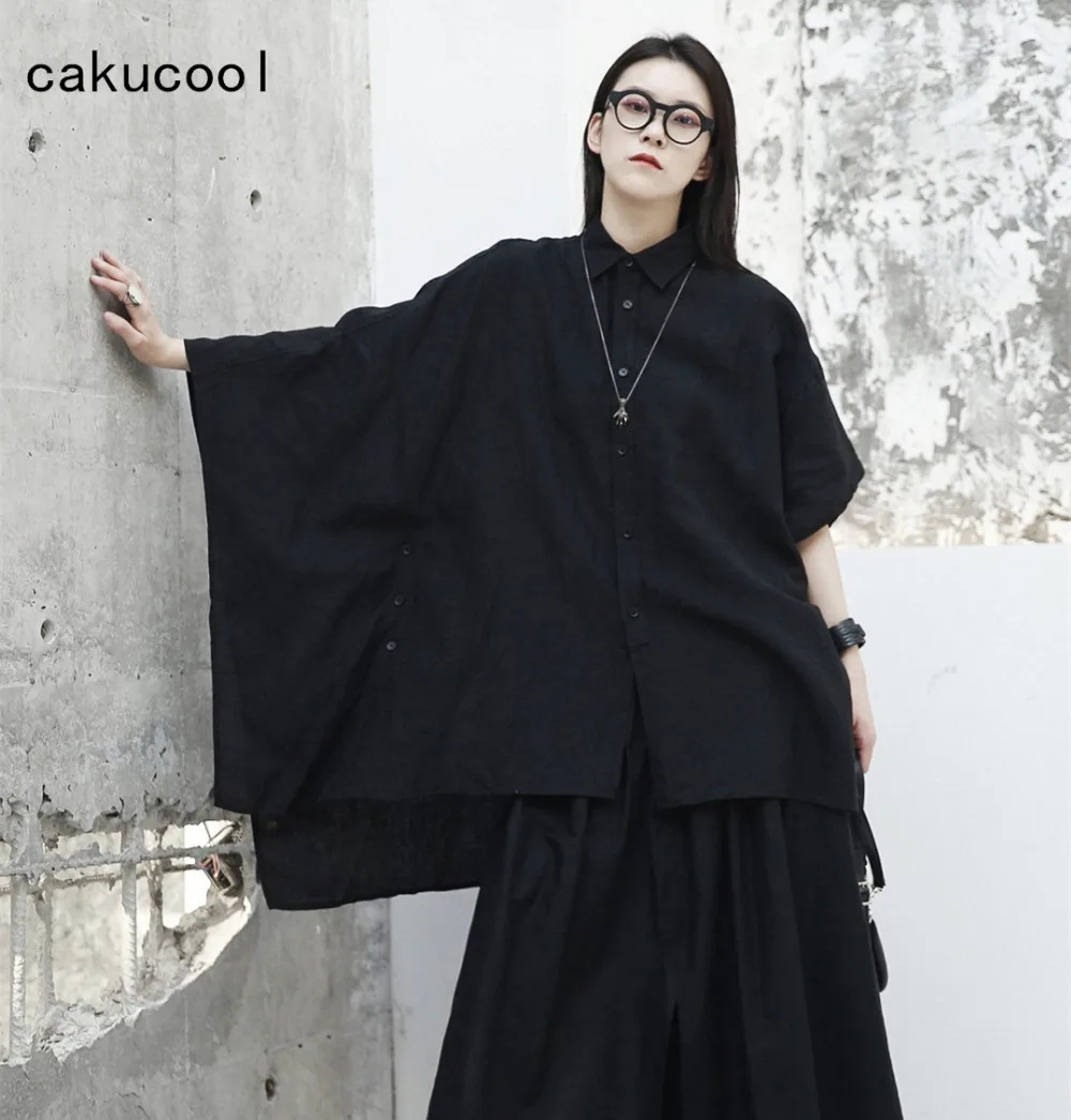 

Cakucool Autumn Linen Blouse Women Japan Gothic Large Wide Loose Asymmetric Blusas Mid Long Casual Chic BF Black Shirt Top Femme