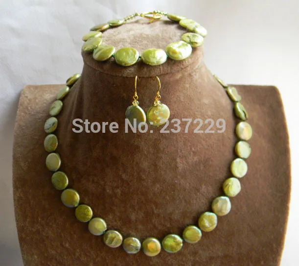 

Wholesale price ^18''/8'' 14MM Green Coin Freshwater Pearl Necklace Bracelet Earring Set (A0423)