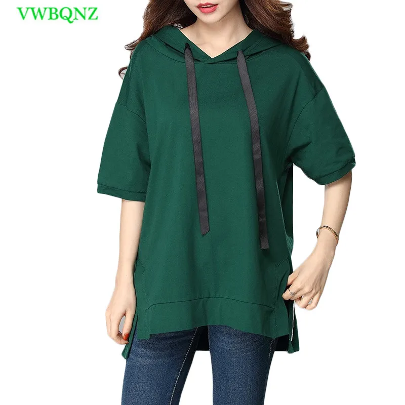 

2018 Women Hooded T-shirt Summer New Korean Loose Half sleeve T-shirt Sweater Womens Dark green Plus size Tops T-shirts 4XL A582
