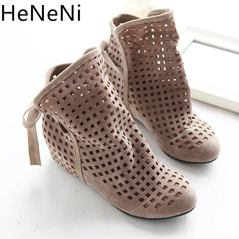 

2019 New Women Summer Boots Flat Low Hidden Wedges Cutout Bow Boots Ladies Dress Casual Shoes Hot sale size 34-43 botas mujer