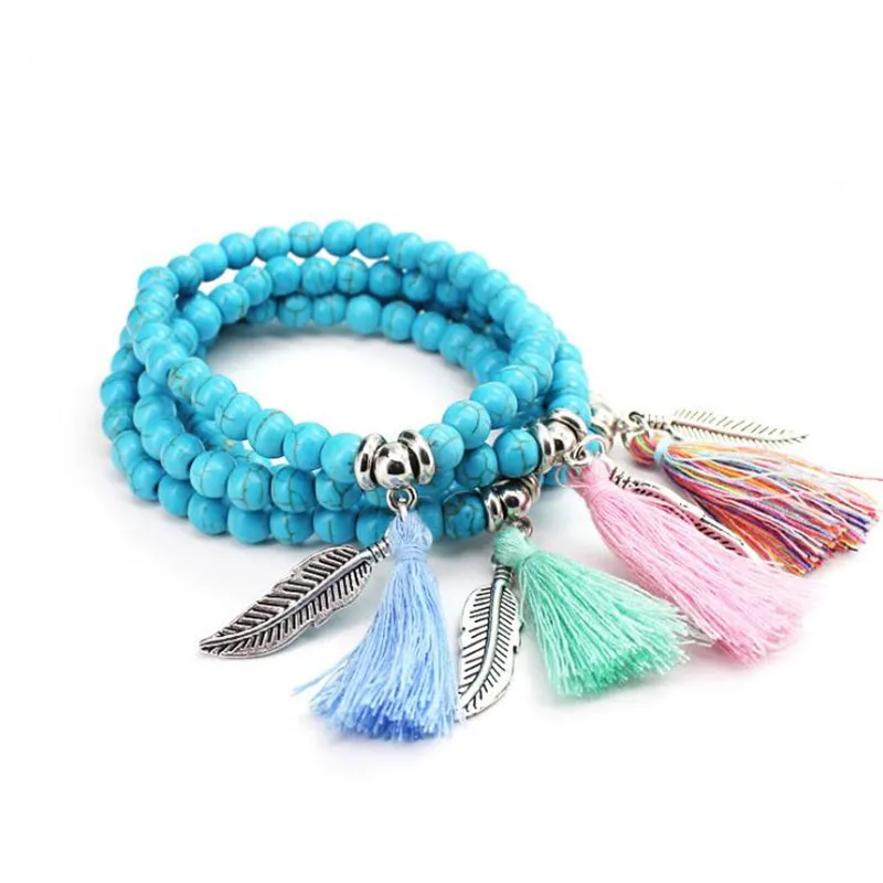 Ethnic Natural Stone Beaded Bracelet Strand Jewelry Charm Leaf Pendant