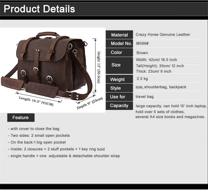 Vintage Crazy Horse Genuine Leather Men Briefcase Business Bag Large Leather Briefcase Male 15.6"Laptop Case Shoulder Bag office 3