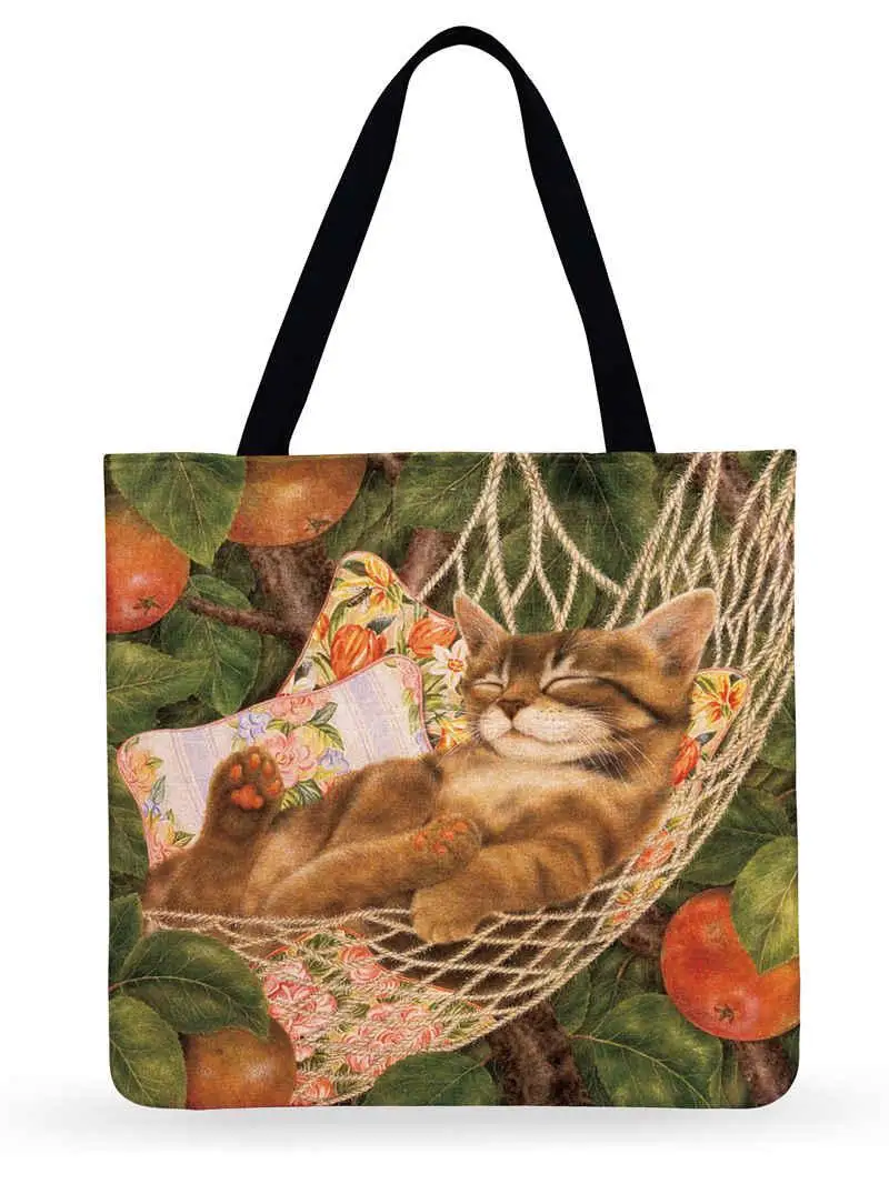 Мультяшная пасторальная Повседневная Сумка-тоут с принтом кота, льняная многофункциональная модная сумка для покупок, многоразовая женская сумка-тоут, Повседневная пляжная сумка - Цвет: 5