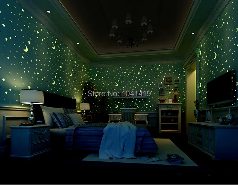 3D светящиеся Романтические звезды луна обои для стен Мальчики Девочки Детская комната нетканый Печатный потолочный флуоресцентный настенное покрытие