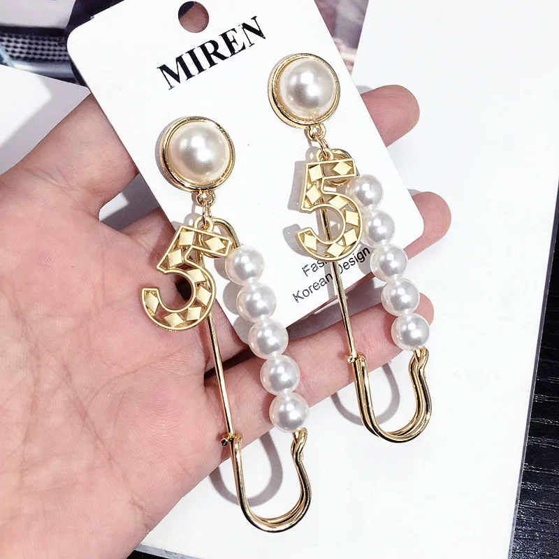 

New Luxury Gold Letter Number 5 Earrings for Women Long Pearl Tassel Drop Dangle Earrings Brand Jewelry oorbellen Brinco Z053