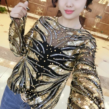 

Chic Leaf Sequined Tops 2019 Womens Long Sleeve Sexy Black Mesh Top T Shirts Transparent Punk Club Streetwear Tees Tops Silver