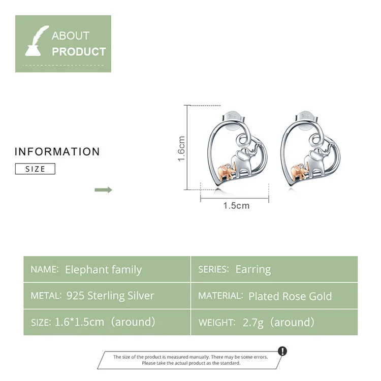 WOSTU серьги-гвоздики в виде сердца в виде слона из стерлингового серебра пробы, розовое золото, маленькие серьги «Слоник» для женщин, ювелирные изделия FIE683