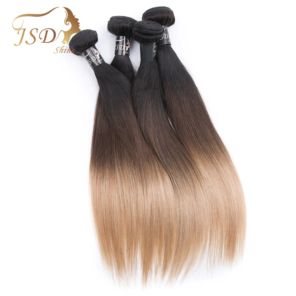 JSDshine предварительно цветной эффектом деграде(переход от темного к бразильские пучки волос плетение 1b/4/27 Non-remy прямое, Омбре Пряди человеческих волос для наращивания 4 Связки