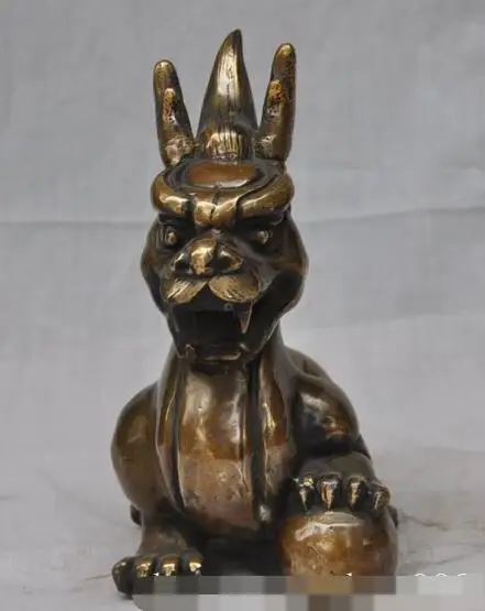 

S01325 8" Chinese fengshui bronze copper guardian Unicorn Kylin Weird Wild beast statue (A0321)