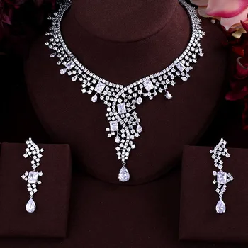 

janekelly New design luxury AAA zircon water drop shape necklace pendant Set for women,high quality party/jewelry wedding