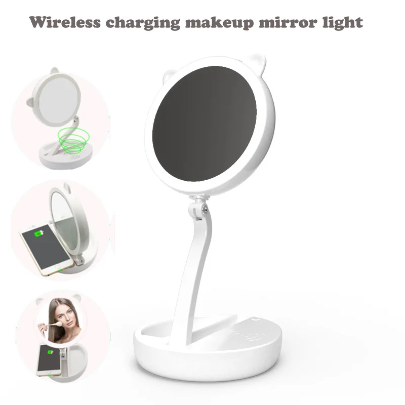 Светодиодный макияж зеркало USB/батарея питание 5X Двухсторонее складное косметическое Беспроводное зарядное устройство для телефона макияж туалетный столик