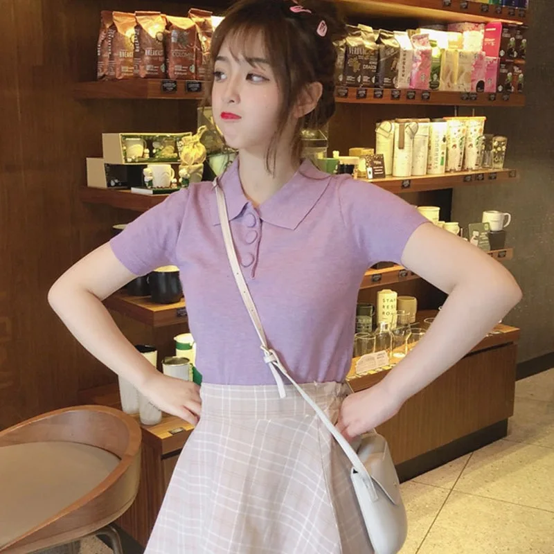 

2019 Ladies Fashion Character Button Turn-down Collar T-shirt Candy Color Harajuku Solid T Shirt Kawaii Short Sleeve Tee Tops