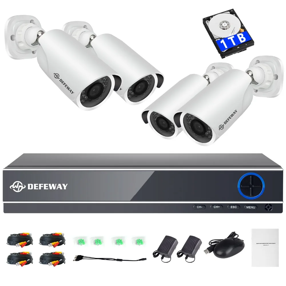 DEFEWAY 1080P HD 2000TVL Outdoor Security Camera System  HDMI CCTV Video Surveillance 8CH DVR Kit 1TB HDD AHD 4 Camera Set New