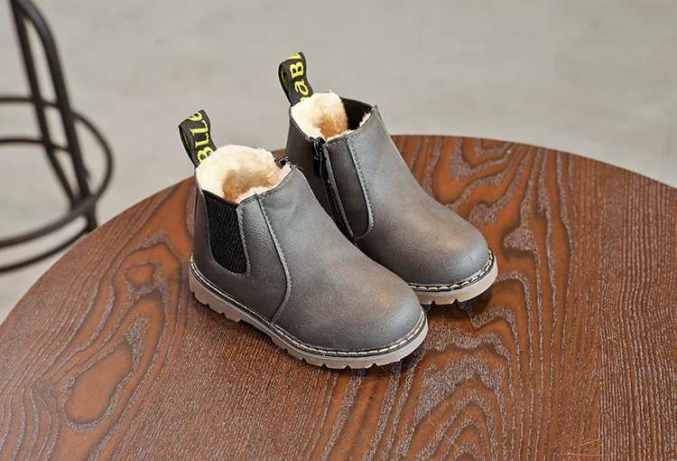 Bekamille/Зимние Детские Ботинки martin; ботинки для мальчиков и девочек в стиле ретро; однотонные детские ботинки на молнии из искусственной кожи; короткие ботинки на резиновой подошве