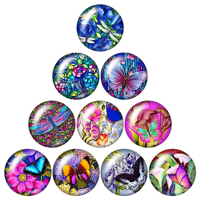 

New Beauty Colorful Butterfly 10pcs mixed 12mm/16mm/18mm/25mm Round photo glass cabochon demo flat back Making findings