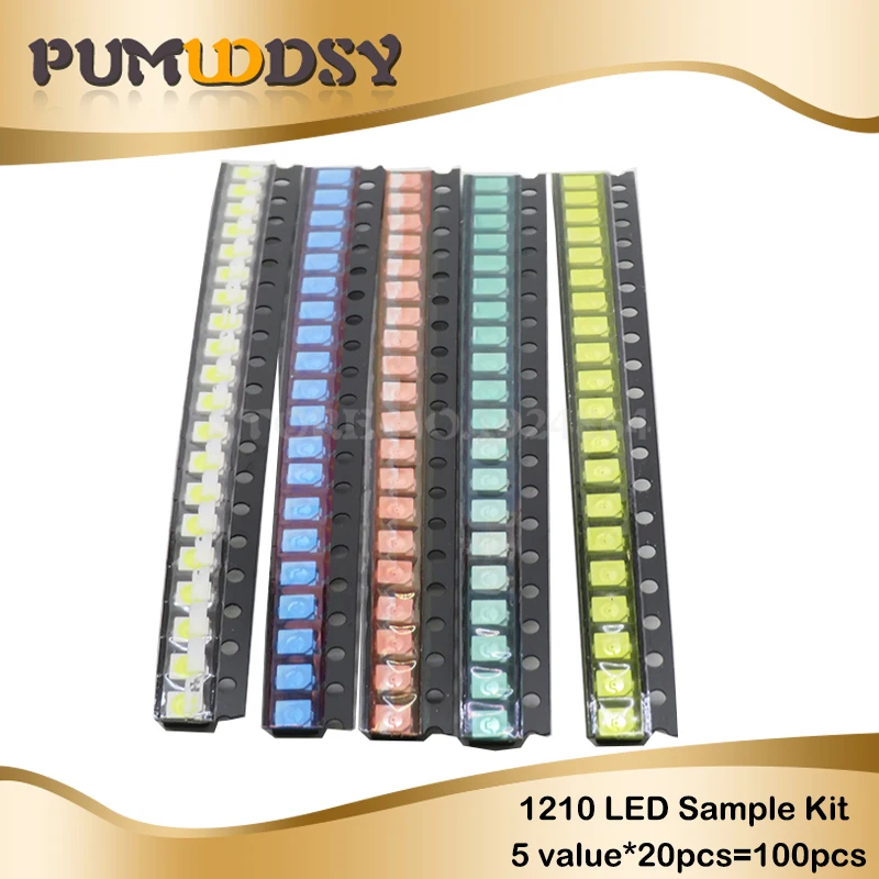 5 значений* 20 шт. = 100 шт. 3528 1210 SMD светодиодный комплект красный/зеленый/синий/желтый/белый 20 шт. каждый светодиодный Диод 3,5*2,8*1,9 мм