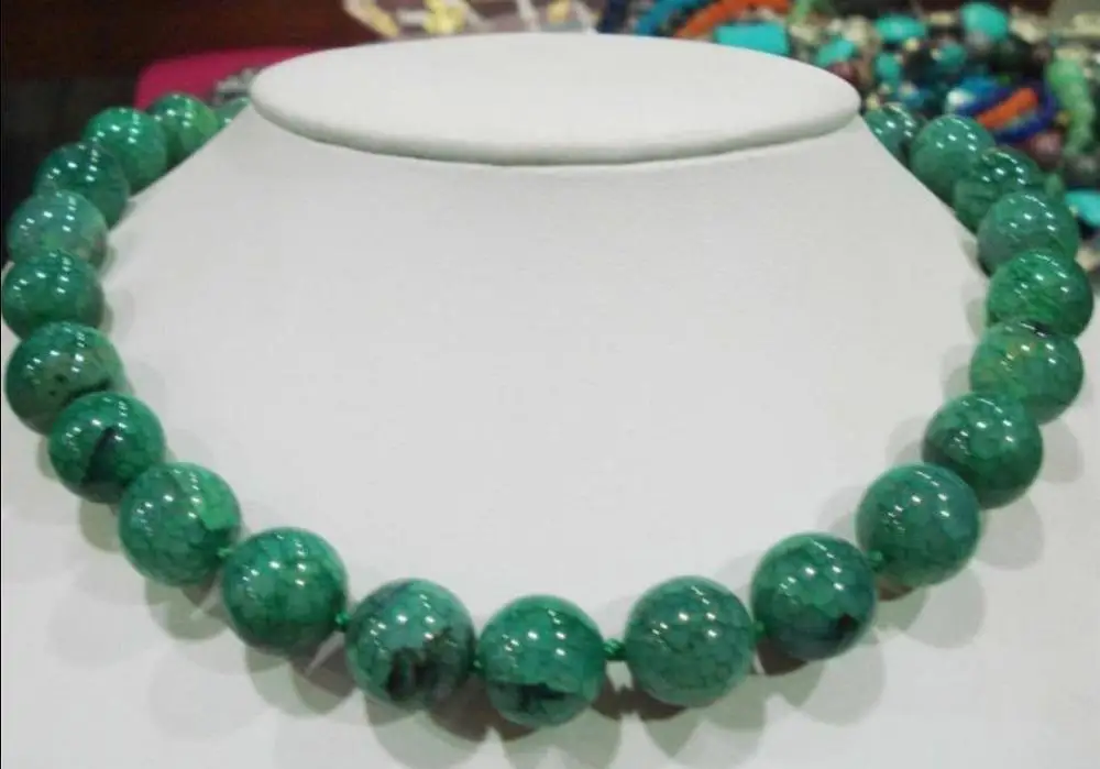 

14mm faceted green dragon vein agate round necklace 18" WW