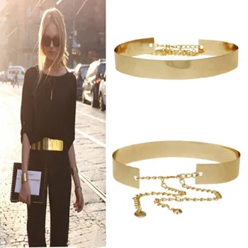 

1PC Women's Elegant Belt Cummerbund Girl Metal Golden Mirror Plate Thin Belt with Chains Wide Dress Waistband Band Belt