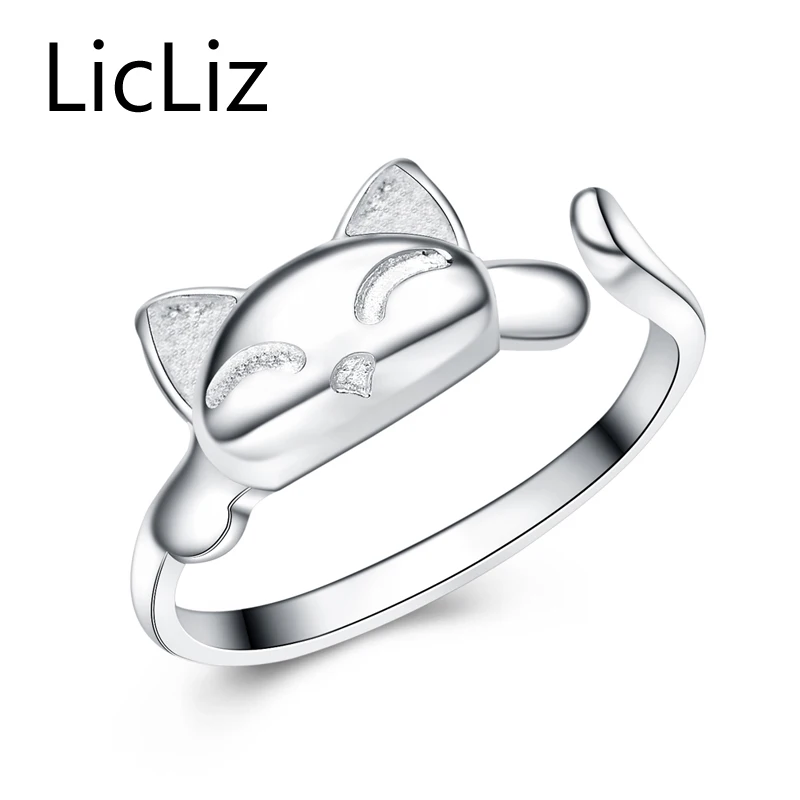 

LicLiz 925 Sterling Silver Lucky Cat Design Open Ring Polished Finish Rhodium Plated Jewelry For Girls Women Best Wish LR0051