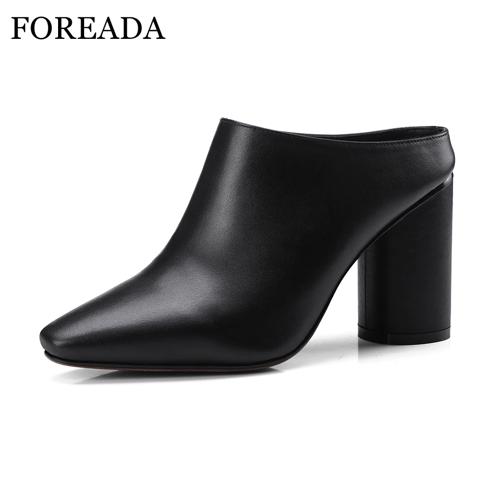 

FOREADA Cow Genuine Leather Women Shoes Slip On Mules Sexy Thick High Heels Shoes Spring 2018 Pumps Black Square Toe Party Shoes