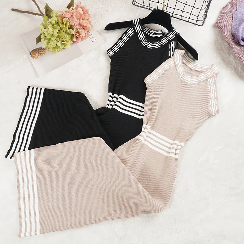

Summer Autumn Women Spaghetti Strap Halter Dresses Sleeveless Long Knitted Dress Female Bodycon Slim Tank Dress Vestidos SF1199