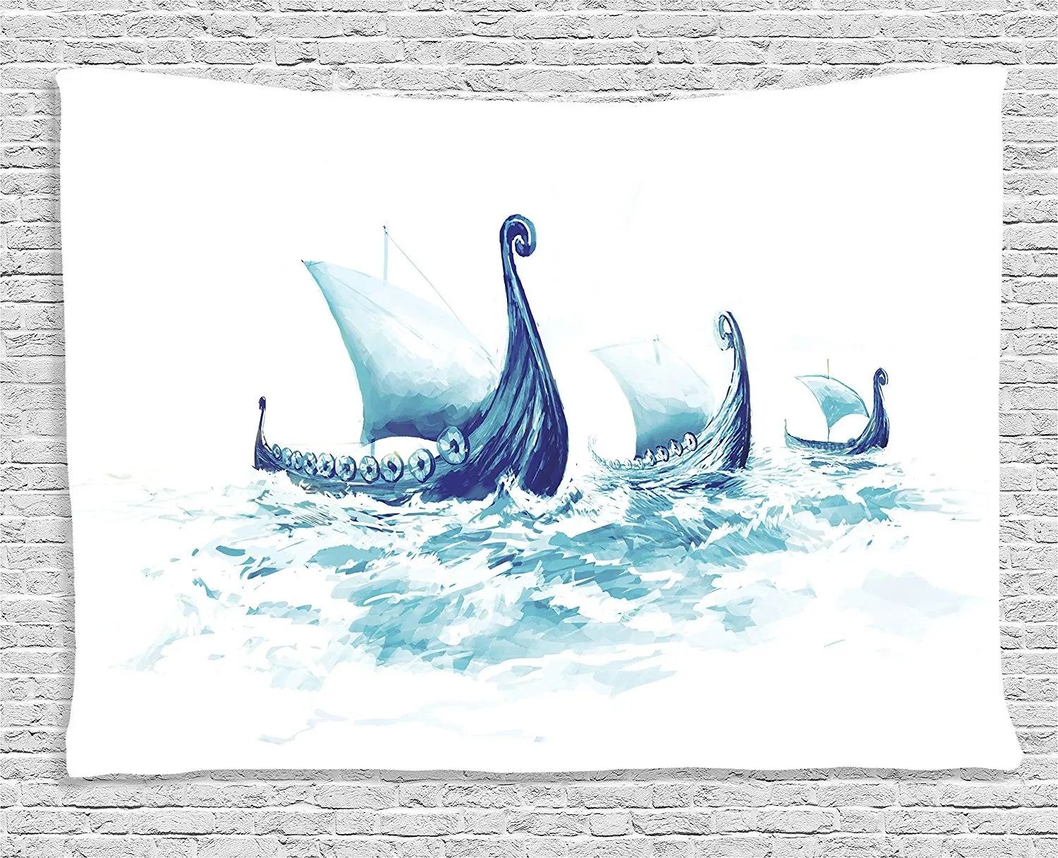 

Viking Tapestry, Portrait of Viking Drakkars in Nordic Sea Rough Wood Ships of Scandinavian Ancient Art, Wall Hanging Tapestry
