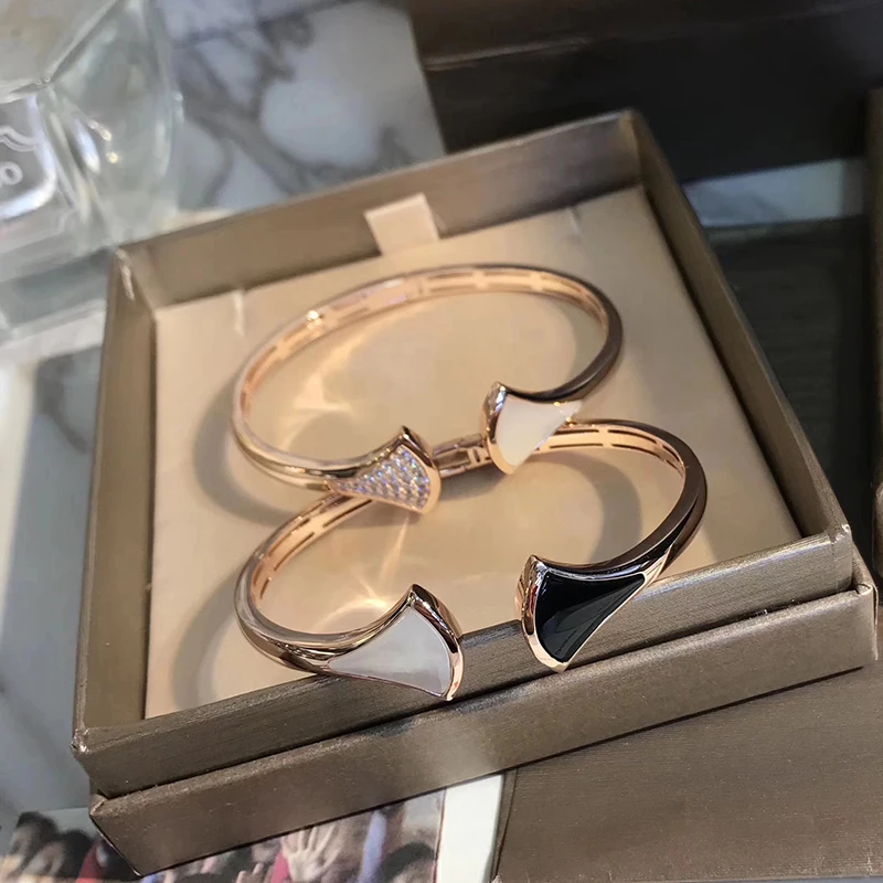 

Hot Brand Pure 925 Sterling Silver Jewelry For Women Rose Gold Diva Dream Bangle Black White Stone Diva Fan Bracelet Top Quality