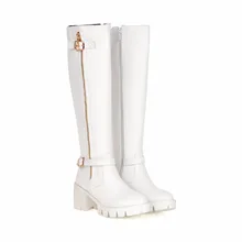 Women’s Chunky Heel Platform Shoes Fall And Winter Belt Buckle Knee High Leather Motorcycle Boots Sale White Black Brown
