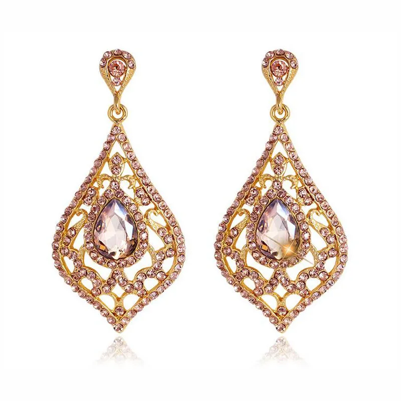 

Retro Vintage Yellow Gold Color Champagne Crystal Full Paved Teardrop Oversize Stud Earrings Fashion Party Gift for Women