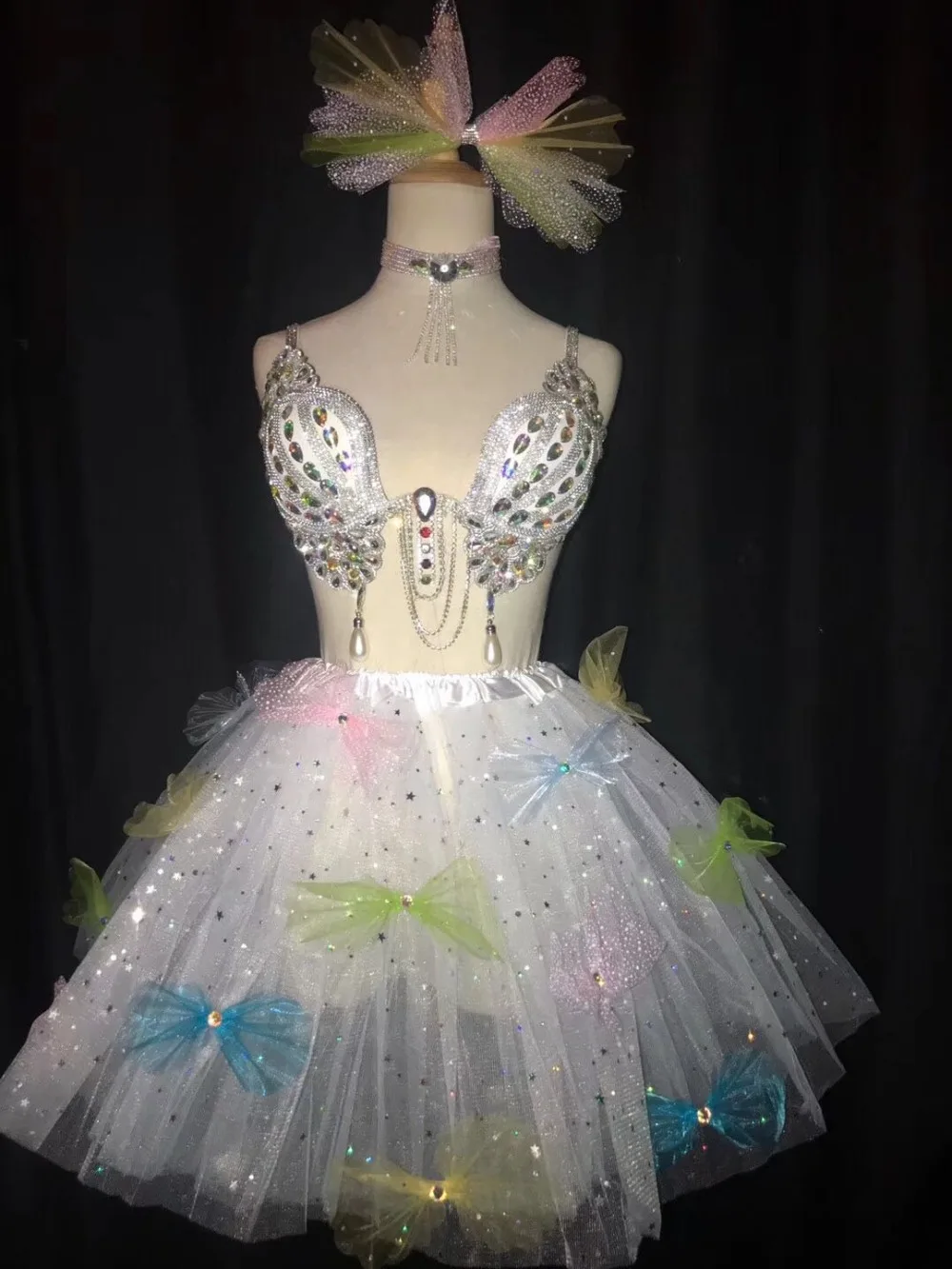 

Butterfly color veil rhinestones sexy Set blouse + veil + collar + headdress (four sets) super shiny party celebration costume