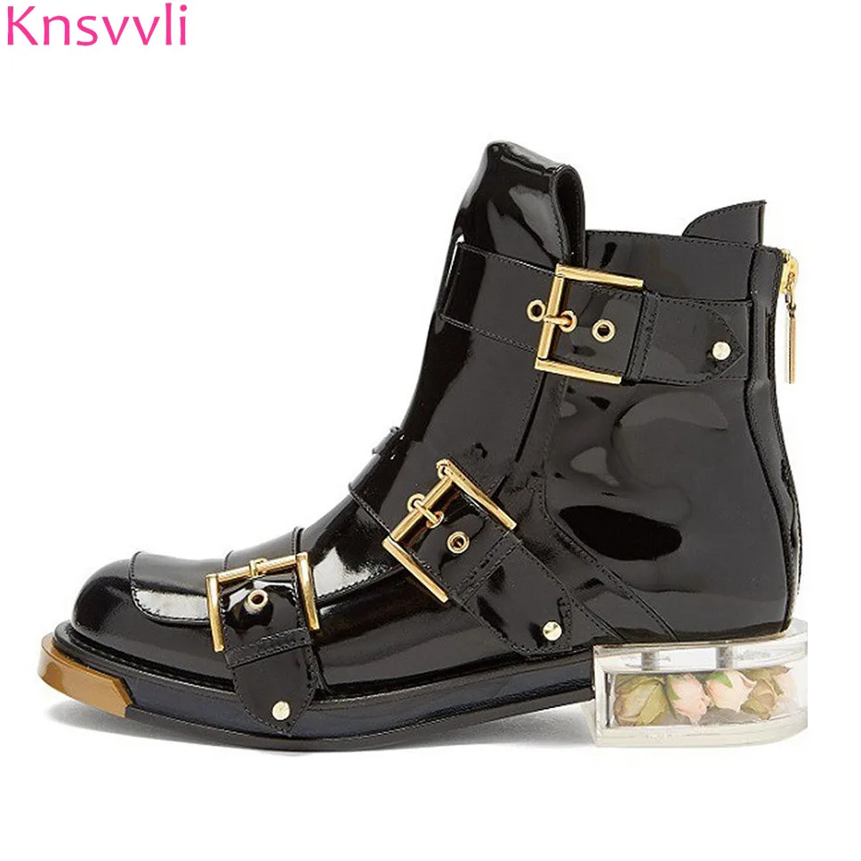 

2018 Newest runway Buckle back zipper botas largas mujer Square Clear heel Flower Shoes Woman Motorcycle Ankle Boots for women