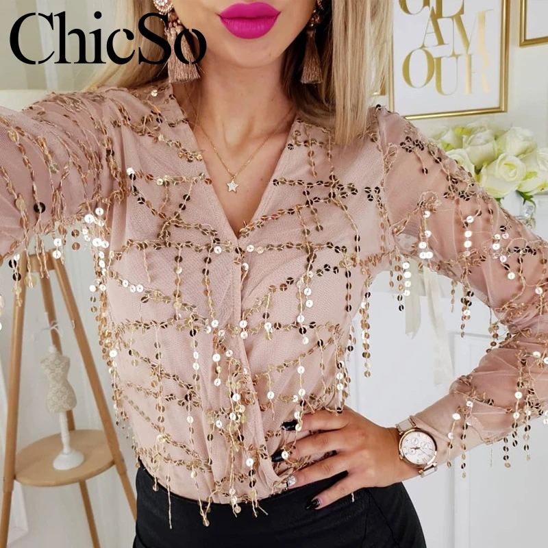 

MissyChilli Mesh sequins trassel v neck tops blouses sexy women elegant long sleeve blouse shirt Summer party club black shirt