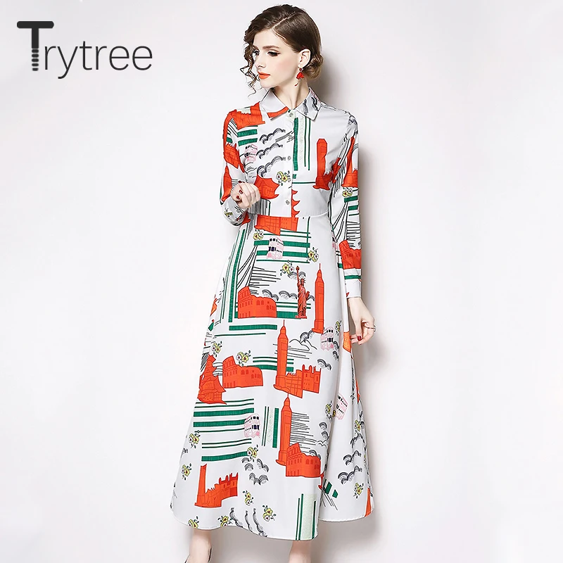 

Trytree Spring Dress Elegant A-line women Turn-down Collar Printing Shirt dresses Ankle-Length Casual Fashion Polyester Dress