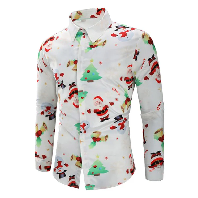 Red Christmas Dress Shirt Men Santa Claus Snowmen Print Mens Xmas Party ...