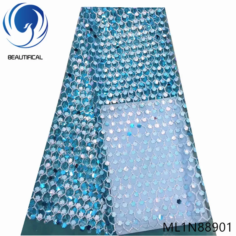 

Beautifical nigreian lace fabrics 5yards/lot french net lace 3d sequins flowers french lace embroidery sequins for dress ML1N889