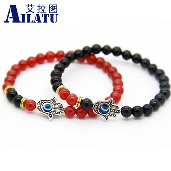 

Ailatu New Design 6mm Black and Red Natural Power Stone Protection Hamsa Fatima Hand Bracelet Ethic Jewelry