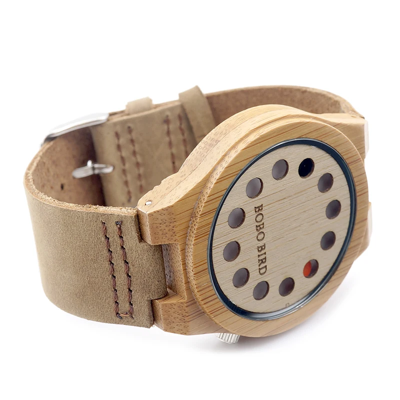 BOBO BIRD V-A04 Light Eco-friendly 12 Holes Design Wooden Watches Men Leather Quartz Watch Special Hands Bracelet