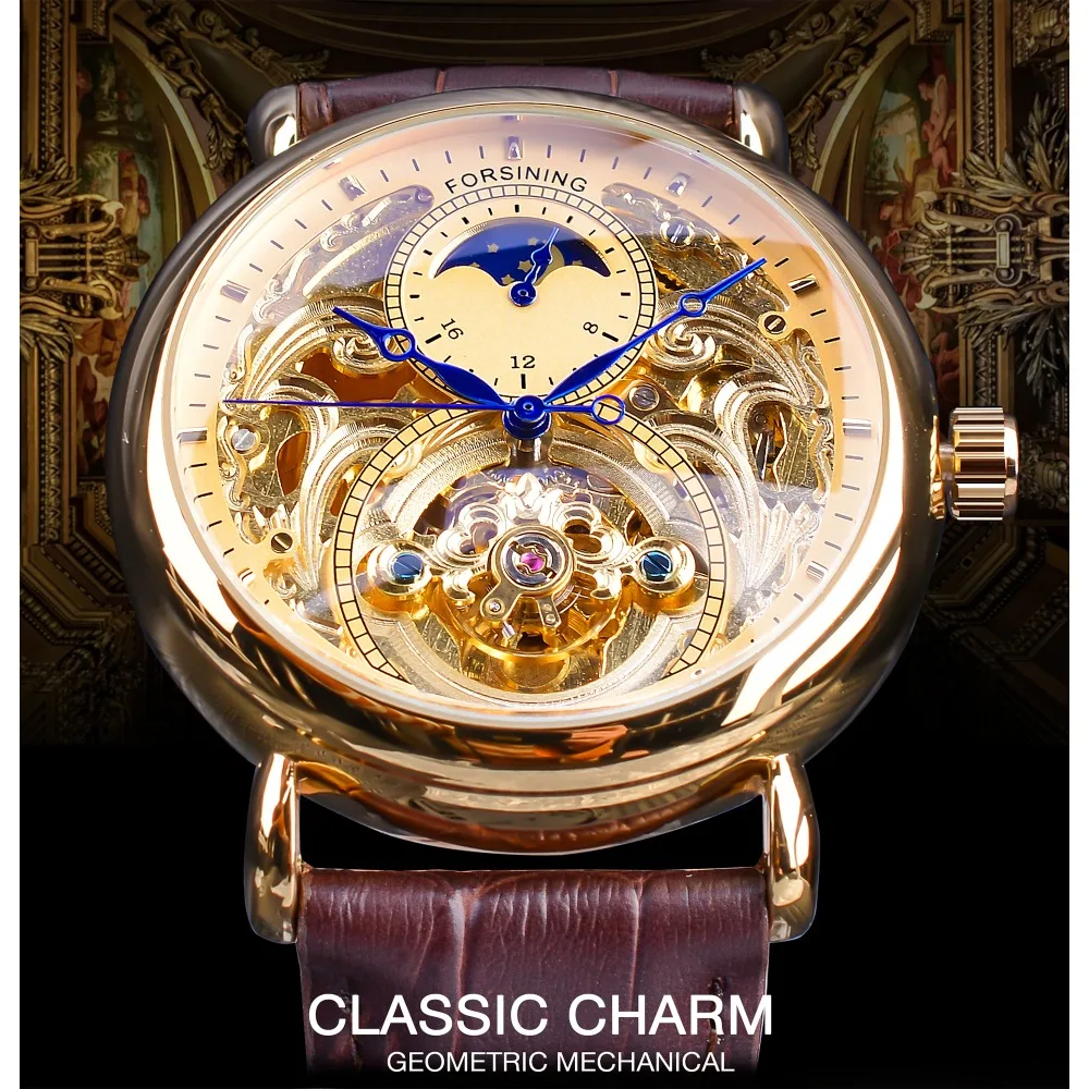Mechanical Watch Forsining Royal Golden Skeleton Display Blue Hands Brown Genuine Leather Belt Mens Mechanical Wristwatches Clock Male