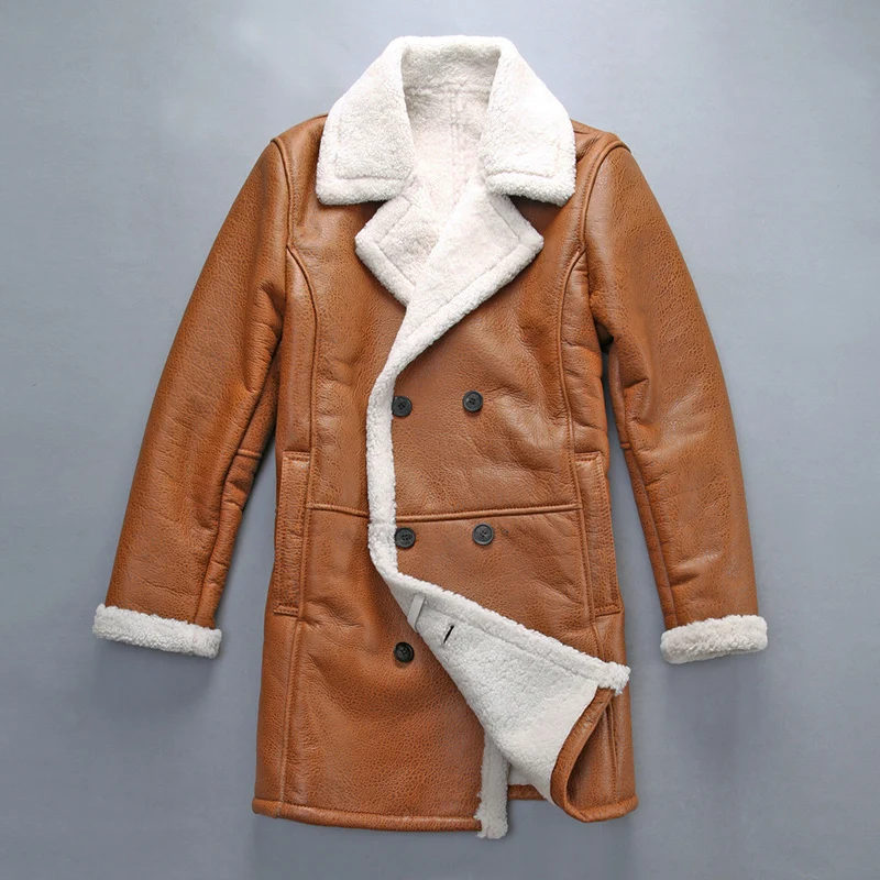 

AVIREXFLY 2018 New Men Long-Style Shearling Winter Coat Asian Size Super Quality Warm Real Sheep White Wool Cold Winter Coats
