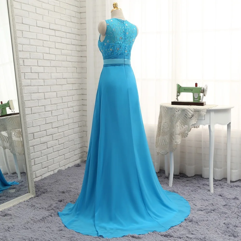 Blue A-line High Collar Chiffon Lace Beaded Long Bridesmaid Dress