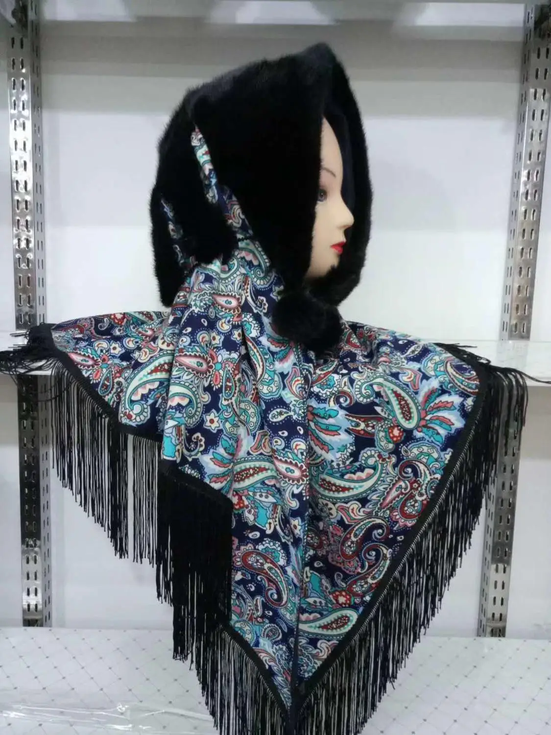 Натуральный мех норки хиджаб мусульманский исламский шарф для женщин Зимний принт кисточки натуральный мех шарф-хиджаб шапки Джерси капот musulman - Цвет: as pic