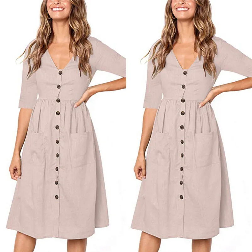 Fashion Autumn summer dress 2018 casual dress Women Holiday V Neck Solid Half Sleeve Buttons Club Party Dress vestido Y26#N (15)