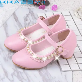 

Children Party Leather Shoes Girls PU High Heel Pear Kids Sandals For Girls Single Shoes Dance Dress shoe White Pink