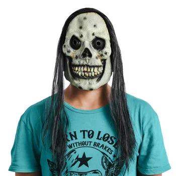 

Scary Skull Latex Mask with Hair Full Head Halloween Masks Realistic Party Supplies Horror Cosplay Toy Props