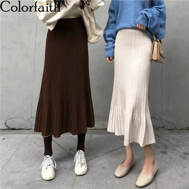 

Colorfaith 2019 New Women Skirt Autumn Winter Knitting Trumpet Mermaid Skirt Casual Eelegant Ladies Fashion Package Hip SK4223