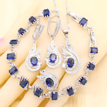 

Royal Blue Crystal Silver Color Jewelry Sets for Women Bracelet Drop Earrings Necklace Pendant Ring Birthday Gift