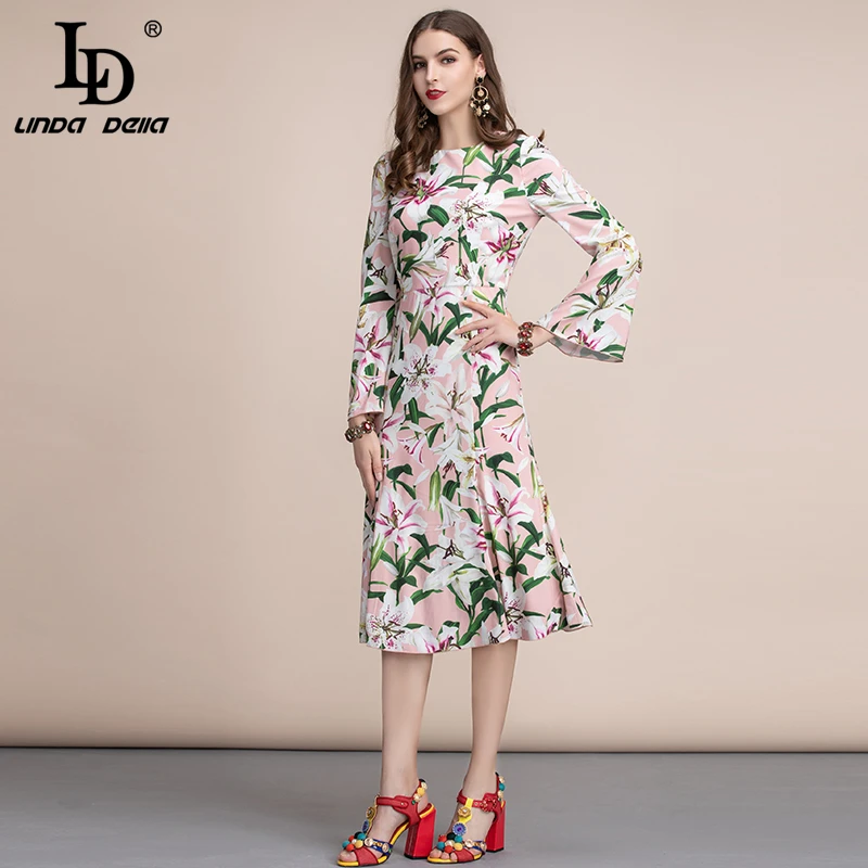 LD Linda della осень мода взлетно-посадочной полосы с длинным рукавом платье Для женщин Повседневное Лилия Цветок печатных оборками трапециевидной формы элегантное платье миди